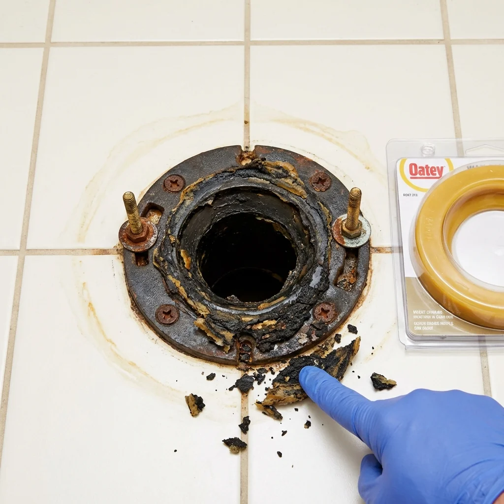 Failed wax ring showing water seepage at the base of a toilet in a Gilroy, CA home