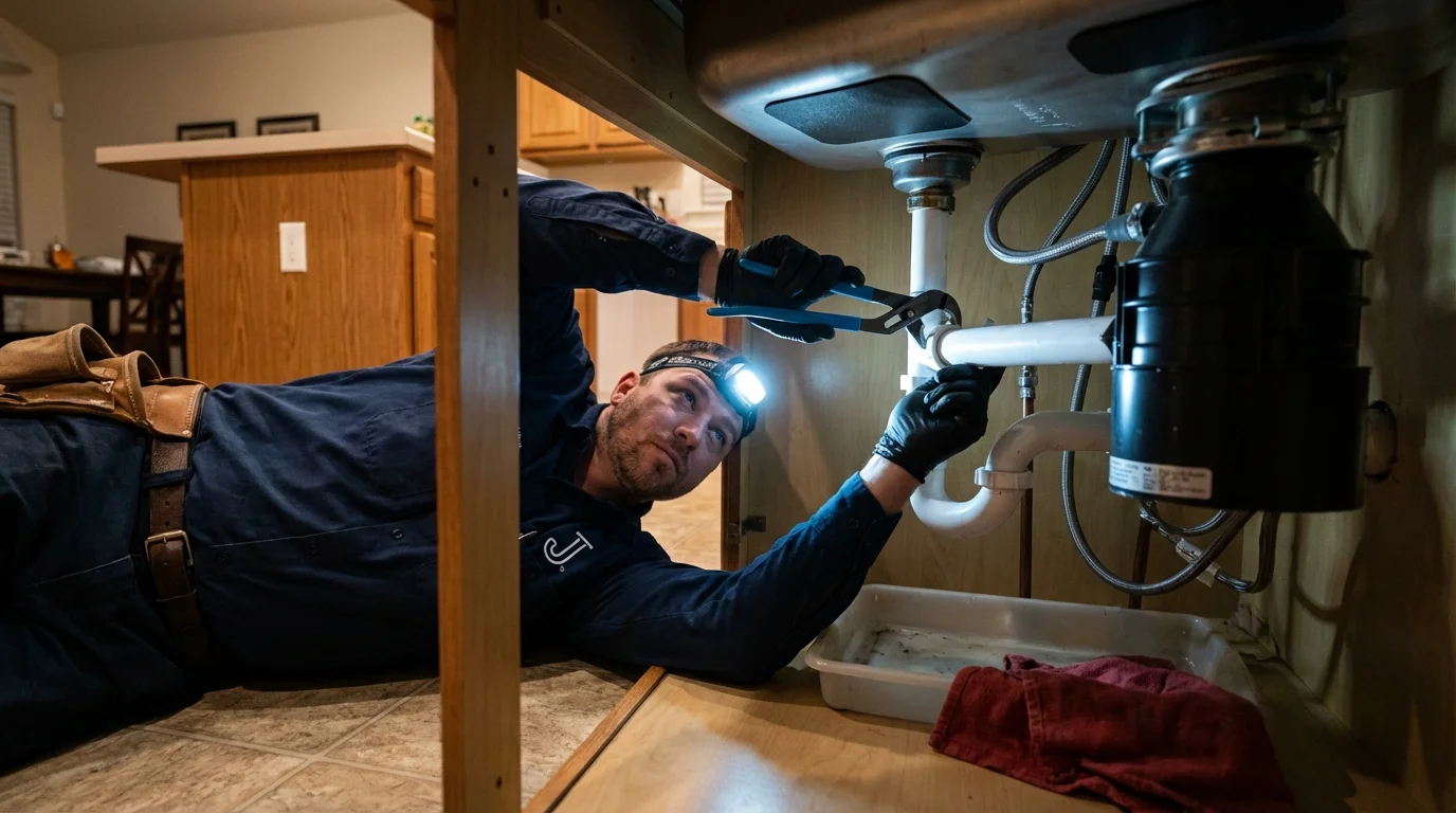 P-trap and supply line connections under a kitchen sink showing a common leak point in Gilroy, CA